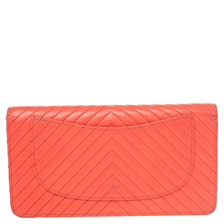 Pre Owned Chanel Orange Chevron Quilted Leather CC Long Wallet