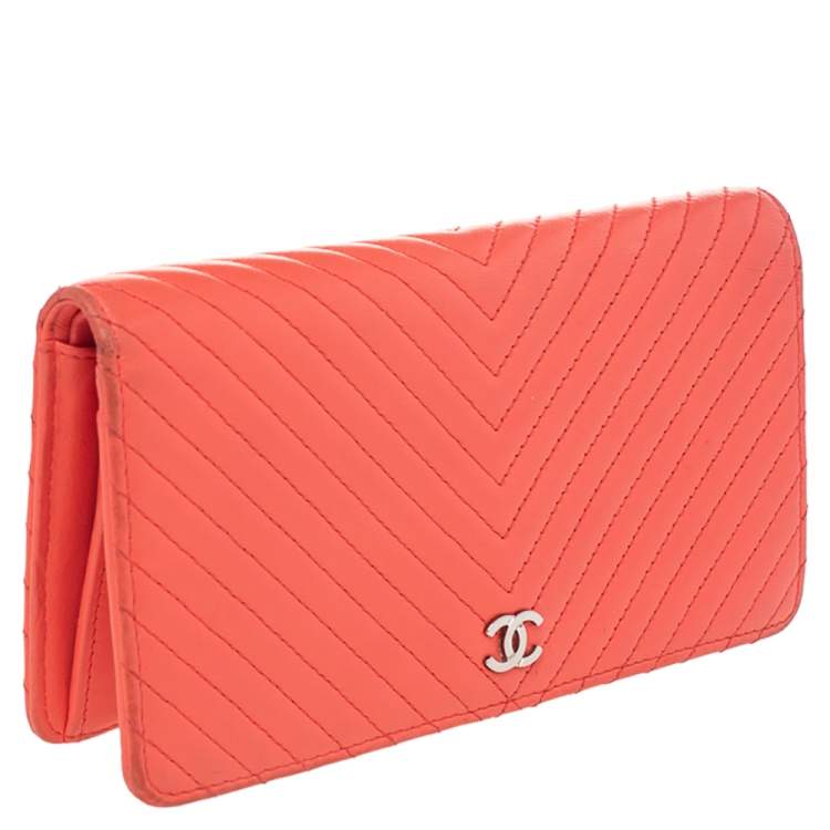 Pre Owned Chanel Orange Chevron Quilted Leather CC Long Wallet
