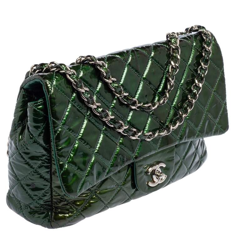 Pre Owned Chanel Green Quilted Patent Leather Jumbo Classic Single Flap Bag
