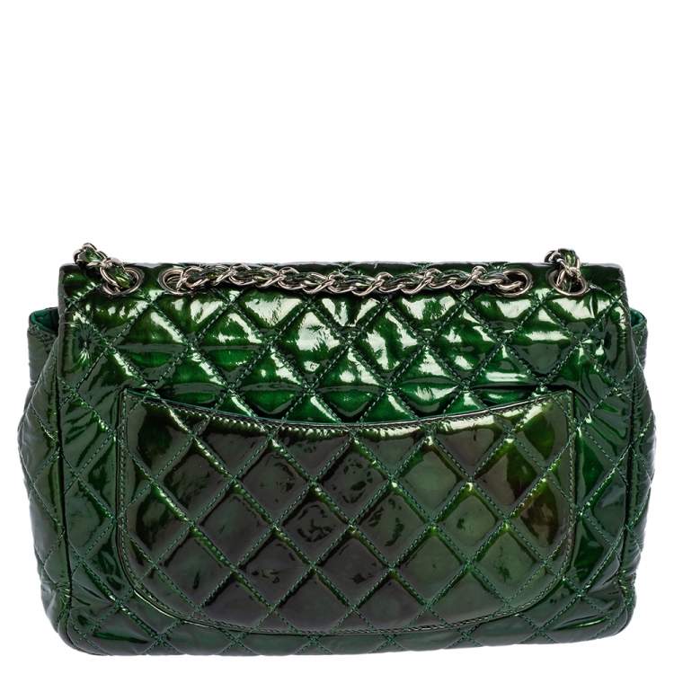 Pre Owned Chanel Green Quilted Patent Leather Jumbo Classic Single Flap Bag