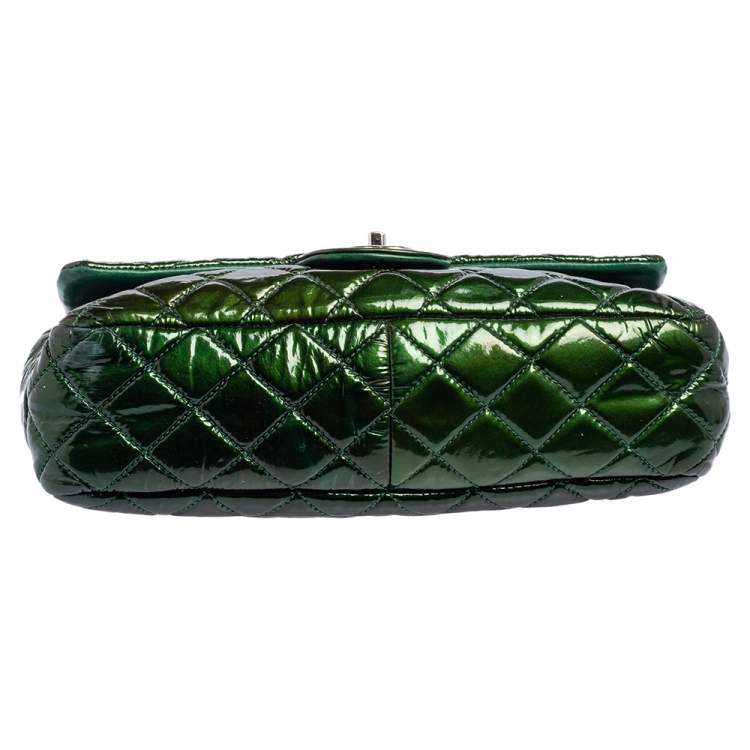 Pre Owned Chanel Green Quilted Patent Leather Jumbo Classic Single Flap Bag