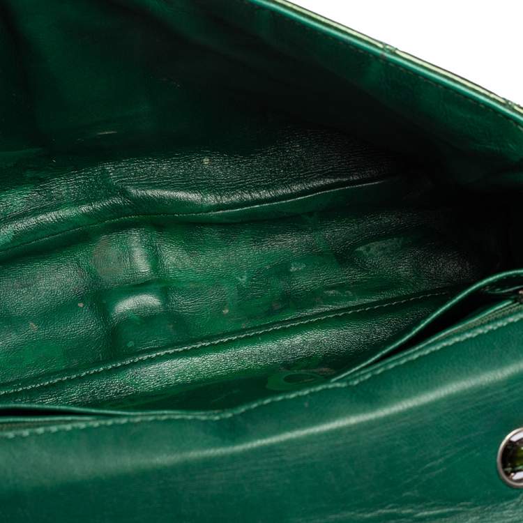 Pre Owned Chanel Green Quilted Patent Leather Jumbo Classic Single Flap Bag