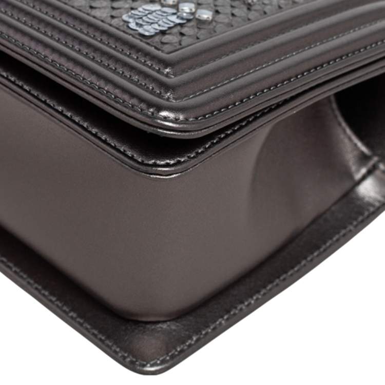 Pre Owned Chanel Metallic Python and Leather Medium Embellished Boy Flap Bag