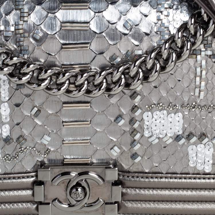 Pre Owned Chanel Metallic Python and Leather Medium Embellished Boy Flap Bag