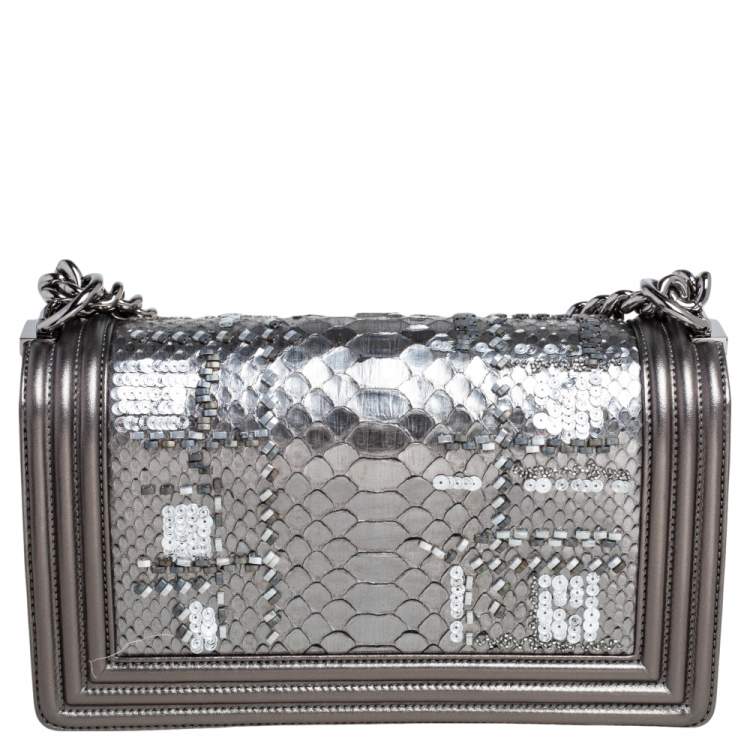 Pre Owned Chanel Metallic Python and Leather Medium Embellished Boy Flap Bag