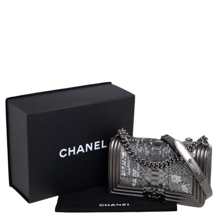 Pre Owned Chanel Metallic Python and Leather Medium Embellished Boy Flap Bag