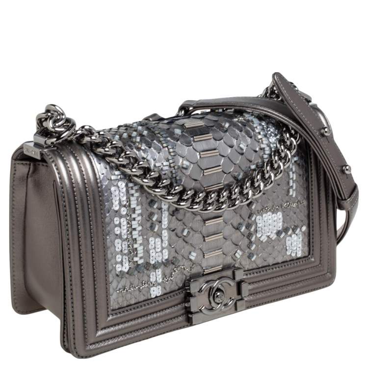 Pre Owned Chanel Metallic Python and Leather Medium Embellished Boy Flap Bag