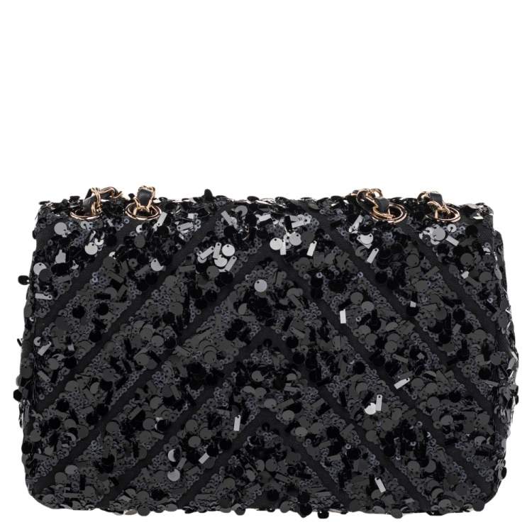 Pre Owned Chanel Black Canvas And Sequins Medium Classic Flap Bag