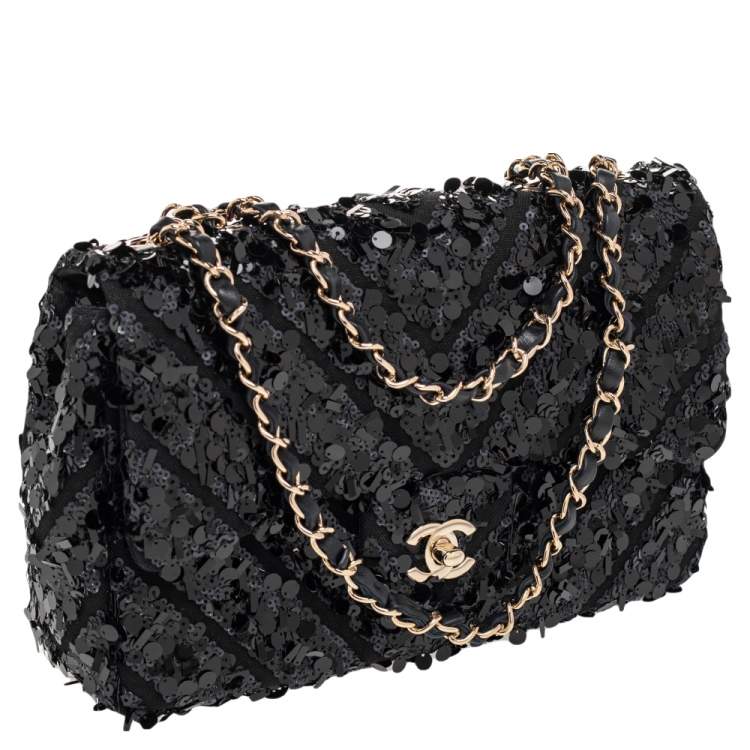 Pre Owned Chanel Black Canvas And Sequins Medium Classic Flap Bag