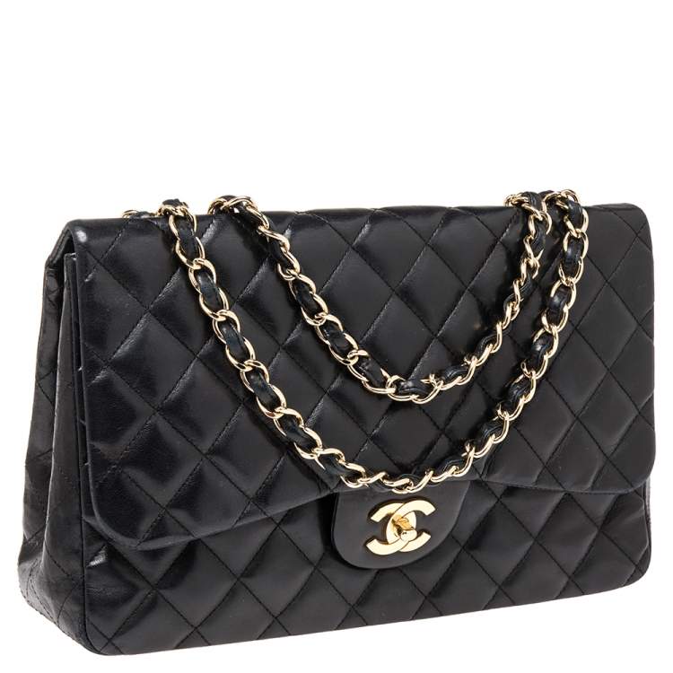 Pre Owned Chanel Black Quilted Lambskin Leather Jumbo Classic Single Flap Bag