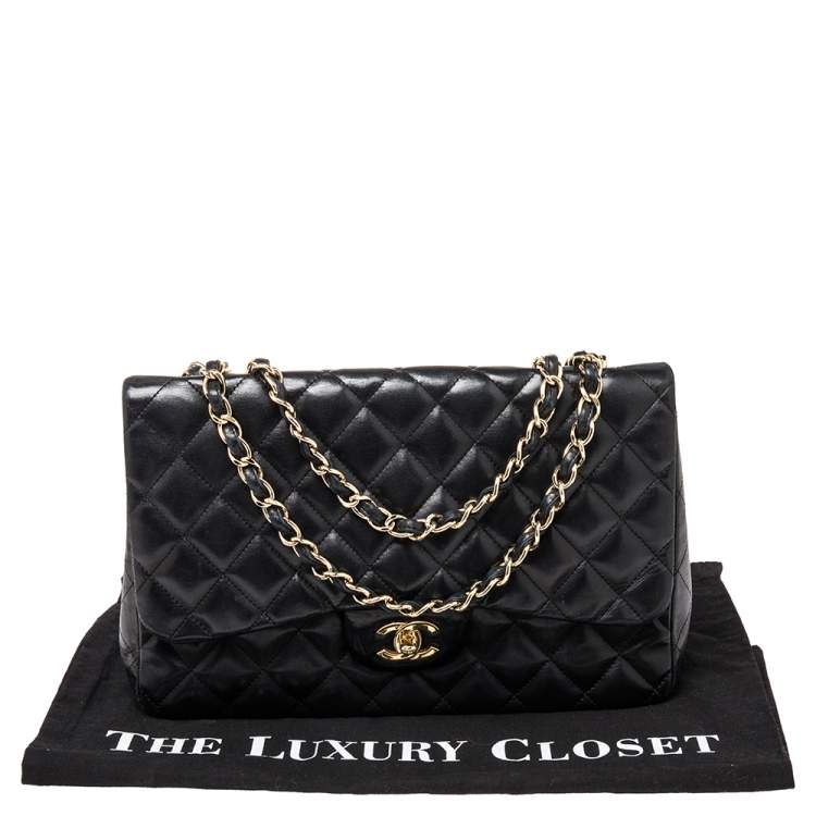 Pre Owned Chanel Black Quilted Lambskin Leather Jumbo Classic Single Flap Bag