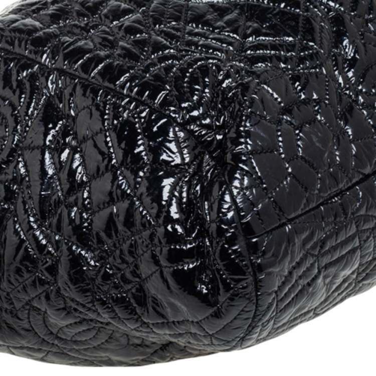 Pre Owned Chanel Black Camellia Embossed Patent Vinyl Accordion Hobo