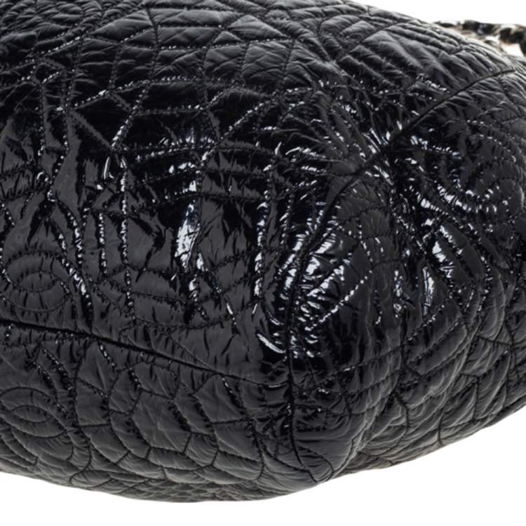 Pre Owned Chanel Black Camellia Embossed Patent Vinyl Accordion Hobo