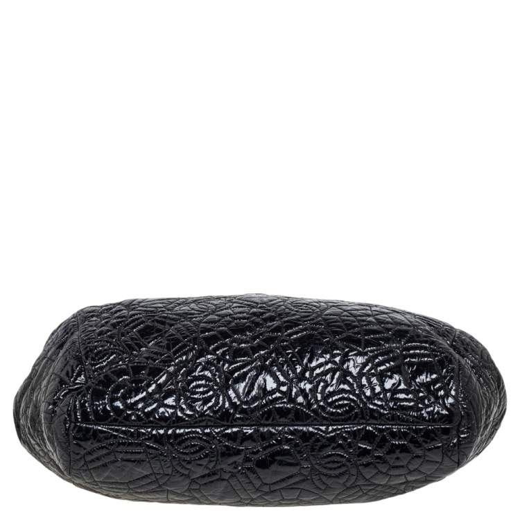 Pre Owned Chanel Black Camellia Embossed Patent Vinyl Accordion Hobo