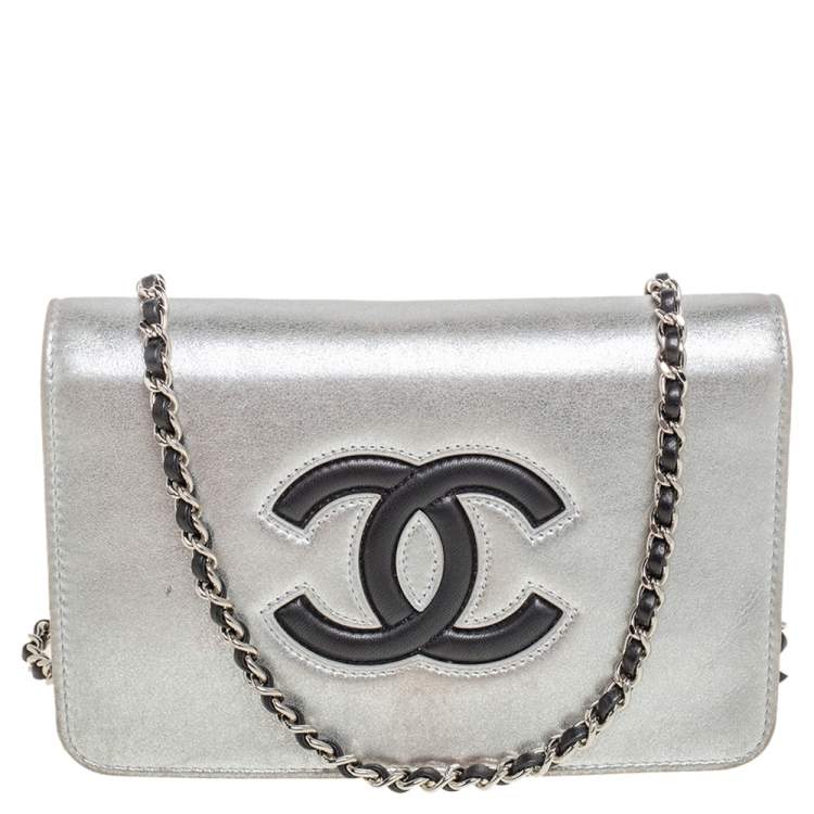 Chanel Silver Shimmer Suede CC Timeless Wallet on Chain Chanel