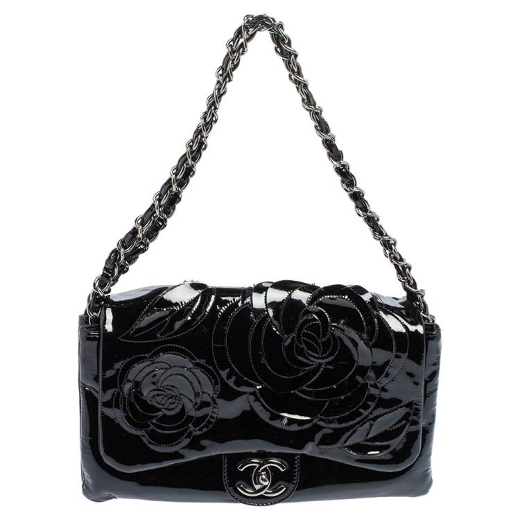 Chanel Black Patent Leather Camellia Flower Classic Flap Shoulder Bag