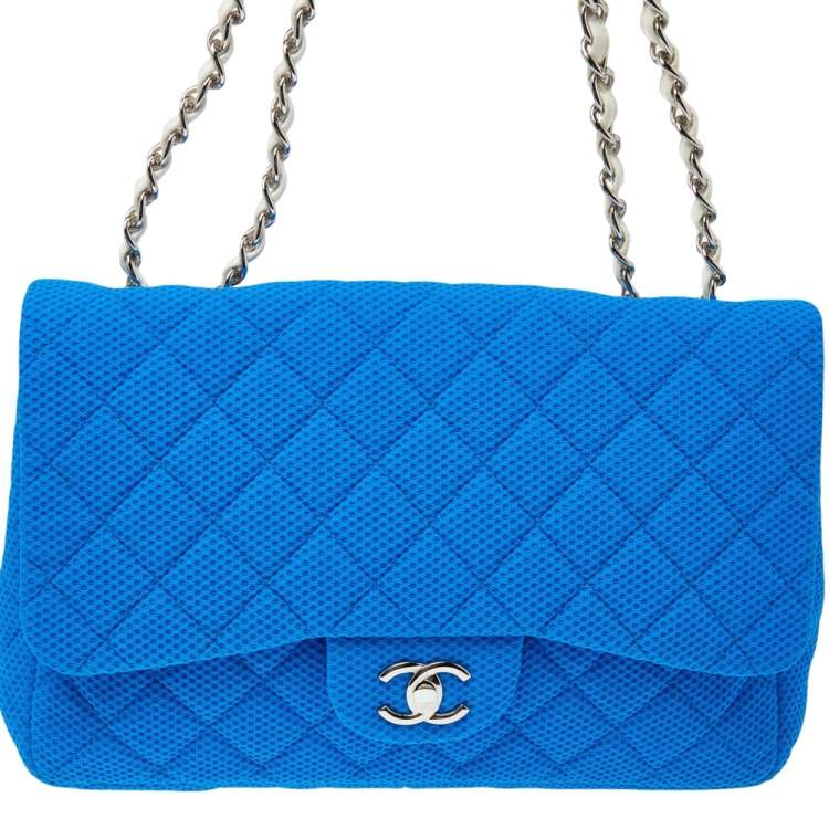 Pre Owned Chanel Blue Perforated Quilted Fabric Medium Classic Single Flap Bag