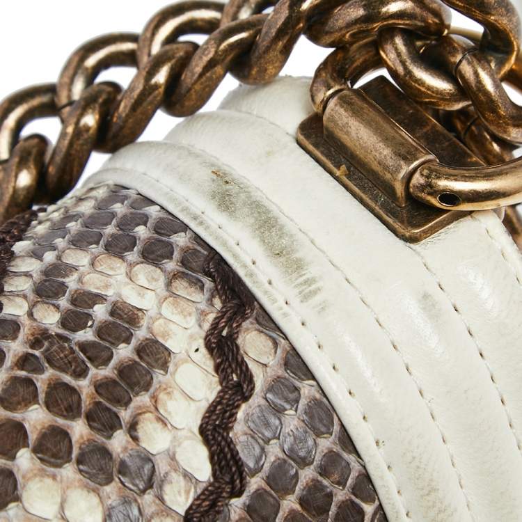 Pre Owned Chanel White/Brown Python and Leather Medium Boy Flap Bag
