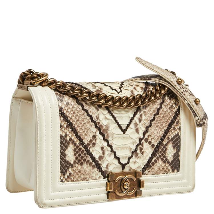 Pre Owned Chanel White/Brown Python and Leather Medium Boy Flap Bag