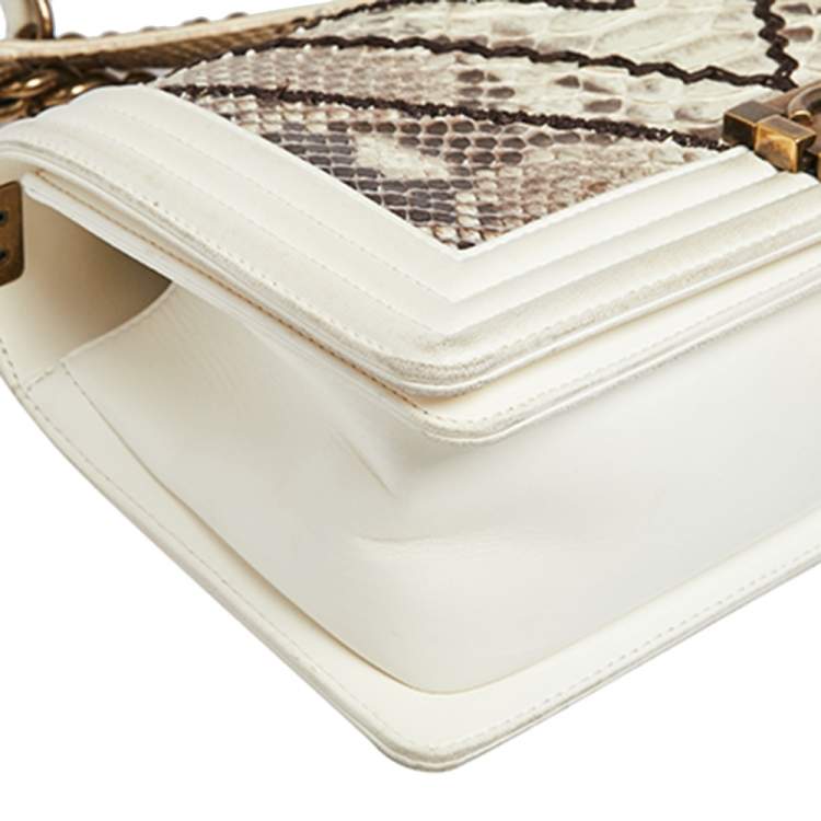 Pre Owned Chanel White/Brown Python and Leather Medium Boy Flap Bag