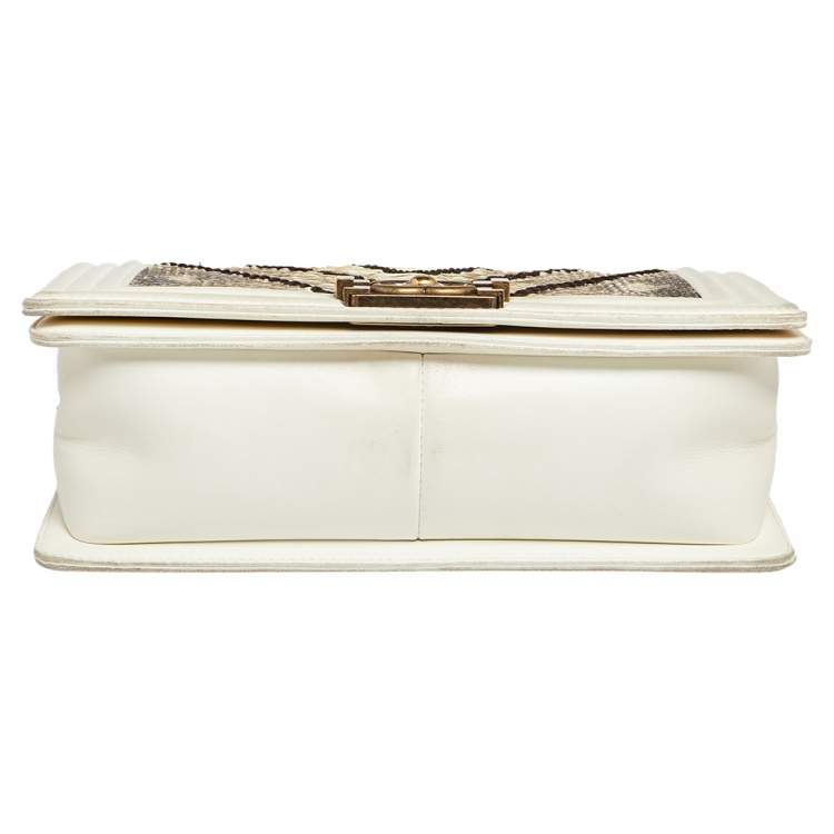 Pre Owned Chanel White/Brown Python and Leather Medium Boy Flap Bag