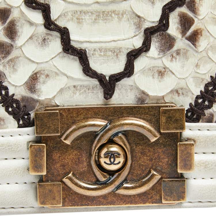 Pre Owned Chanel White/Brown Python and Leather Medium Boy Flap Bag