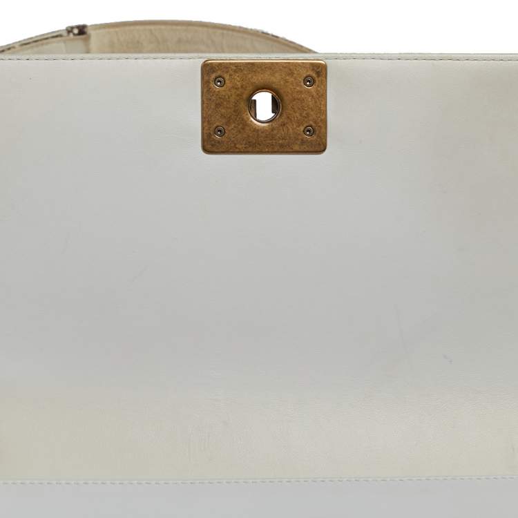 Pre Owned Chanel White/Brown Python and Leather Medium Boy Flap Bag