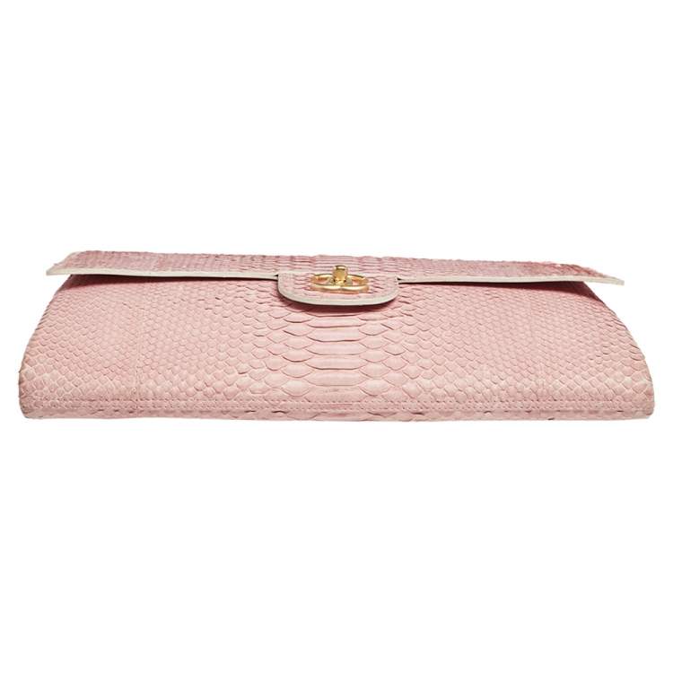 Pre Owned Chanel Pink Python Classic Flap Flat Bag