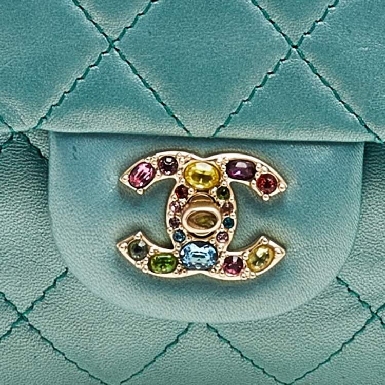 Pre Owned Chanel Metallic Green Quilted Leather Crystal CC Single Flap Shoulder Bag
