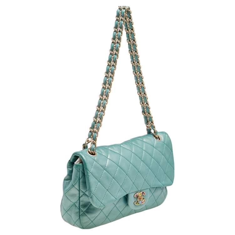 Pre Owned Chanel Metallic Green Quilted Leather Crystal CC Single Flap Shoulder Bag