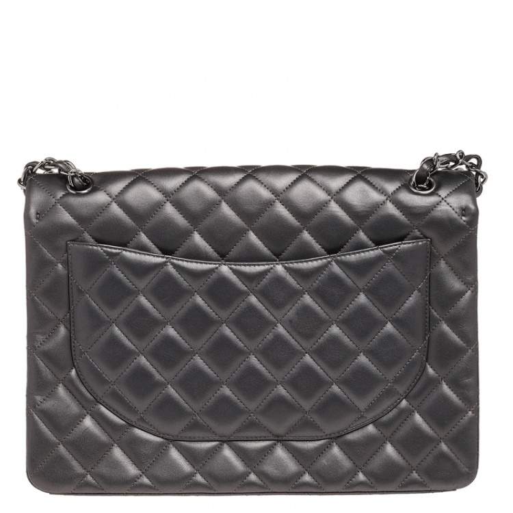 Pre Owned Chanel Metallic Grey Quilted Leather Maxi Classic Single Flap Bag