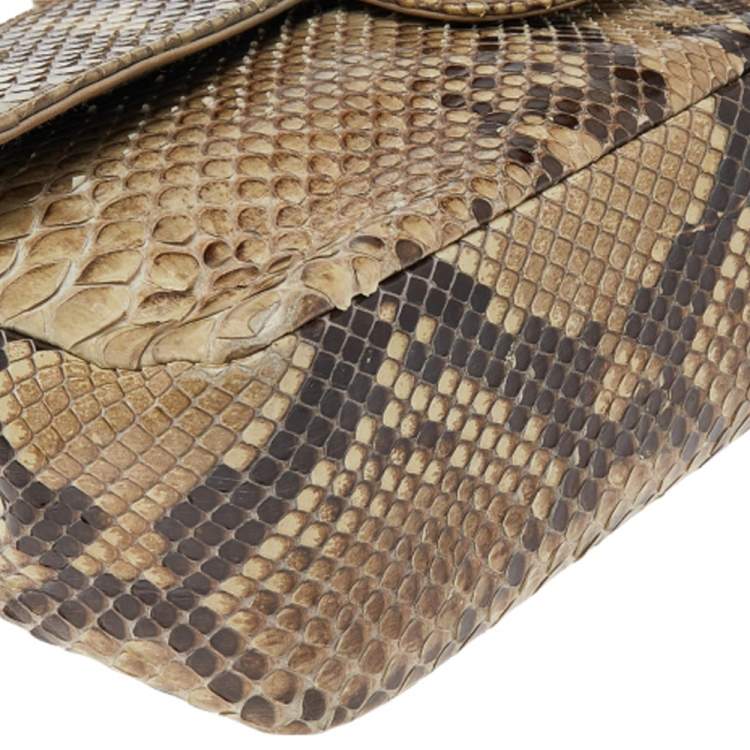 Pre Owned Chanel Beige Python Leather Classic Flap Shoulder Bag