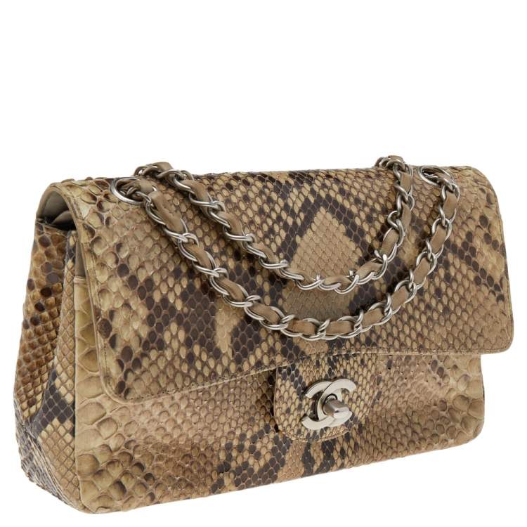 Pre Owned Chanel Beige Python Leather Classic Flap Shoulder Bag