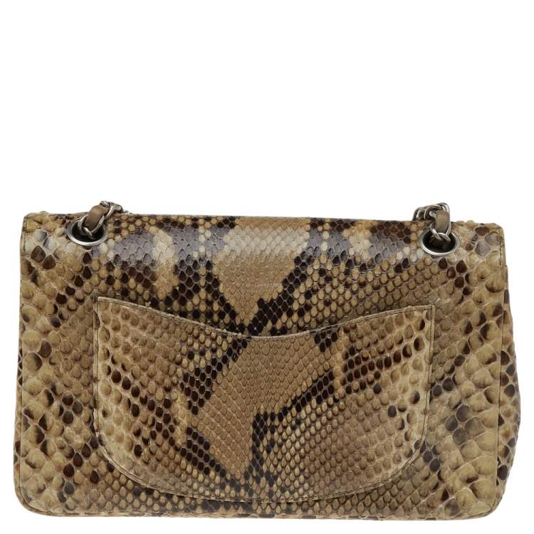 Pre Owned Chanel Beige Python Leather Classic Flap Shoulder Bag