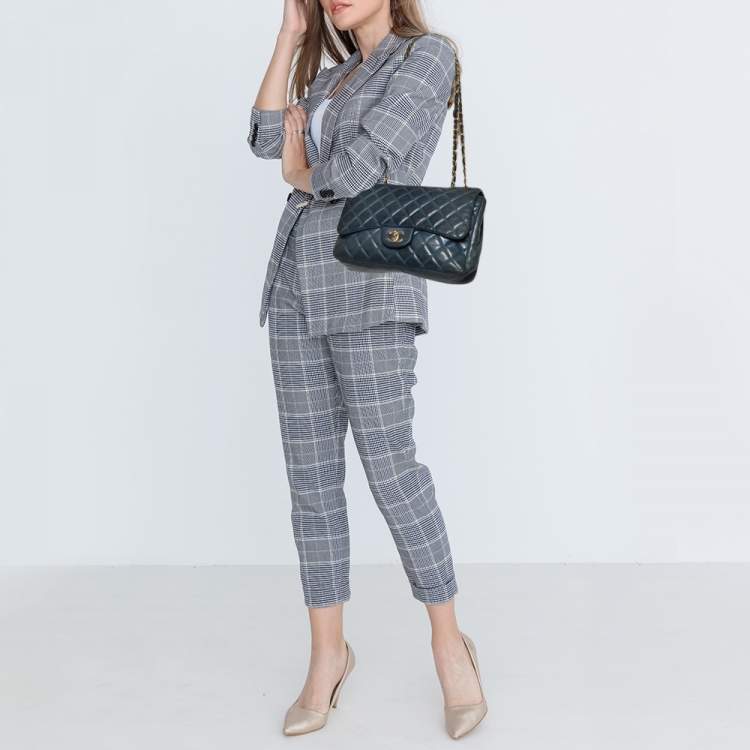 Pre Owned Chanel Blue Quilted Lambskin Leather Jumbo Classic Single Flap Bag