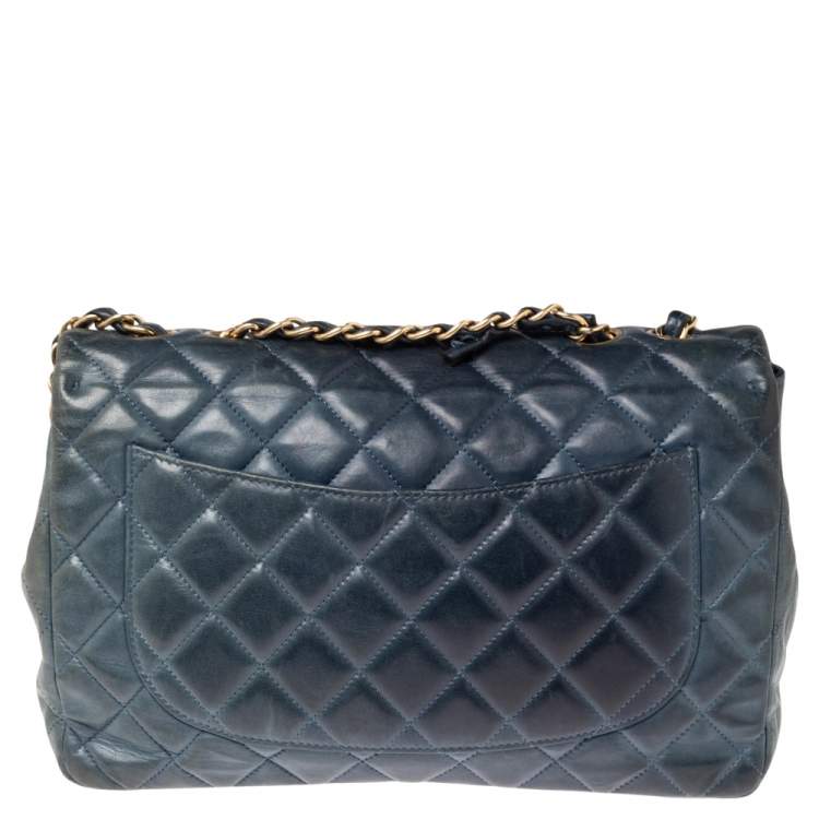 Pre Owned Chanel Blue Quilted Lambskin Leather Jumbo Classic Single Flap Bag