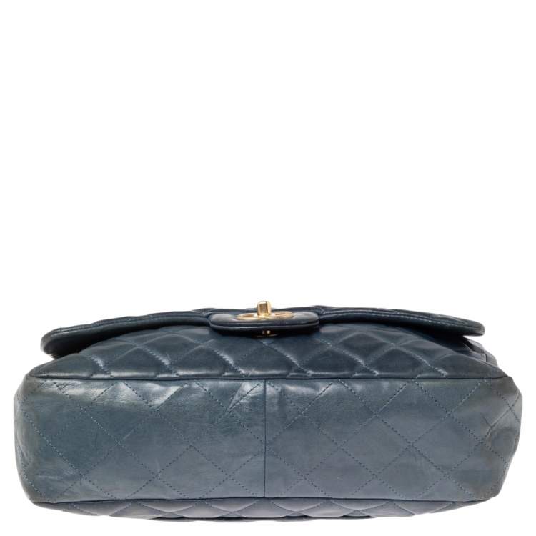 Pre Owned Chanel Blue Quilted Lambskin Leather Jumbo Classic Single Flap Bag