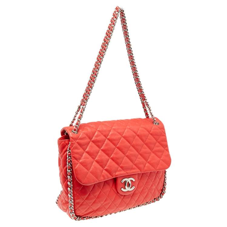 Pre Owned Chanel Red Quilted Leather Classic Single Flap Shoulder Bag
