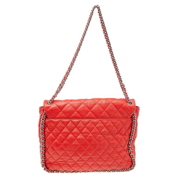 Pre Owned Chanel Red Quilted Leather Classic Single Flap Shoulder Bag