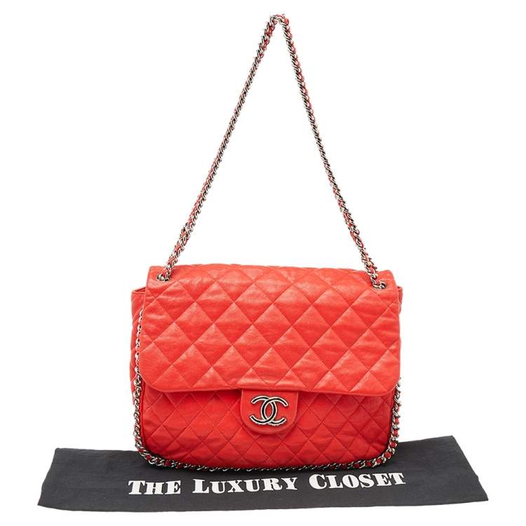 Pre Owned Chanel Red Quilted Leather Classic Single Flap Shoulder Bag