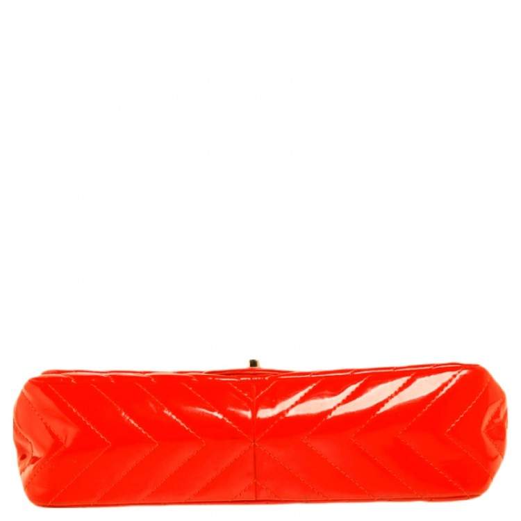 Pre Owned Chanel Orange Chevron Patent Leather Jumbo Classic Single Flap Bag