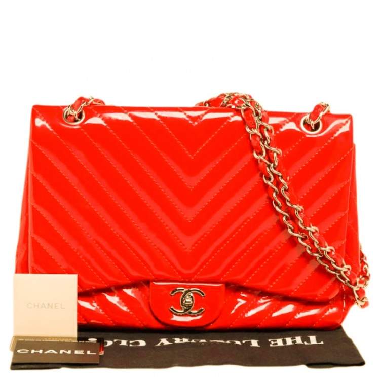 Pre Owned Chanel Orange Chevron Patent Leather Jumbo Classic Single Flap Bag