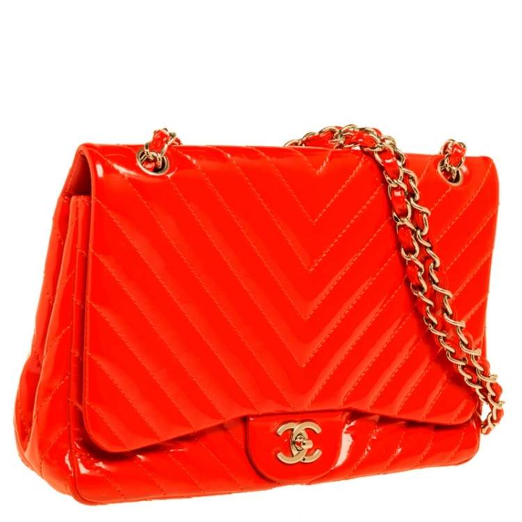 Pre Owned Chanel Orange Chevron Patent Leather Jumbo Classic Single Flap Bag