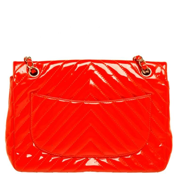 Pre Owned Chanel Orange Chevron Patent Leather Jumbo Classic Single Flap Bag