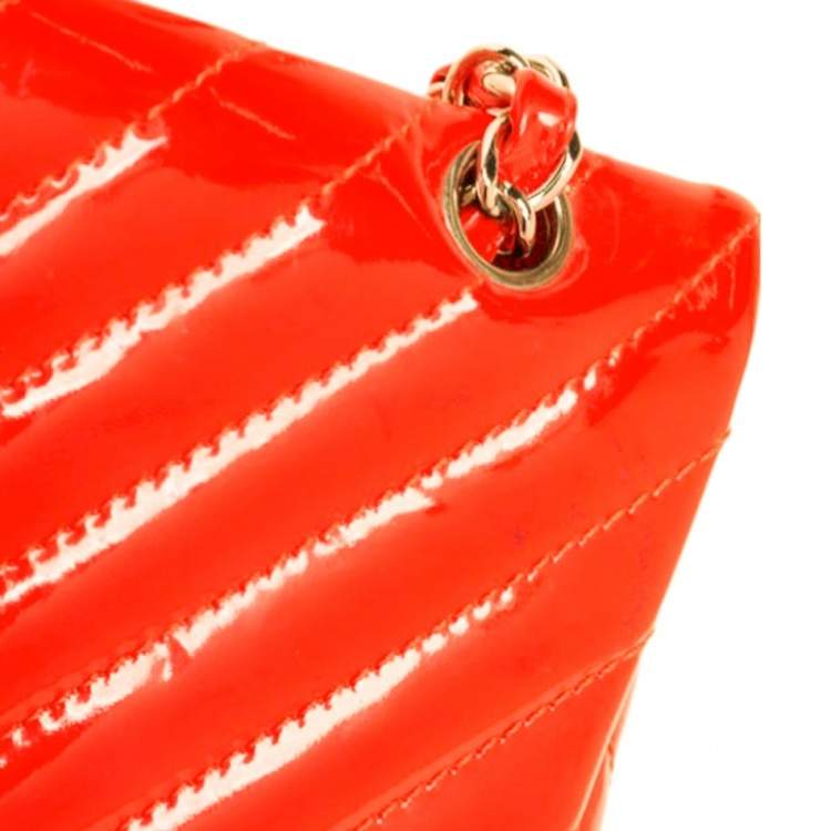 Pre Owned Chanel Orange Chevron Patent Leather Jumbo Classic Single Flap Bag