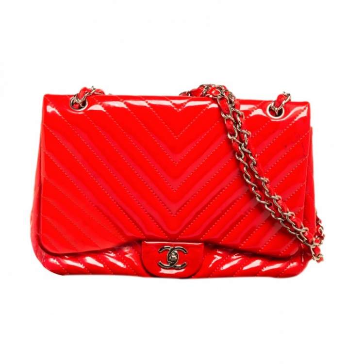 Pre Owned Chanel Orange Chevron Patent Leather Jumbo Classic Single Flap Bag