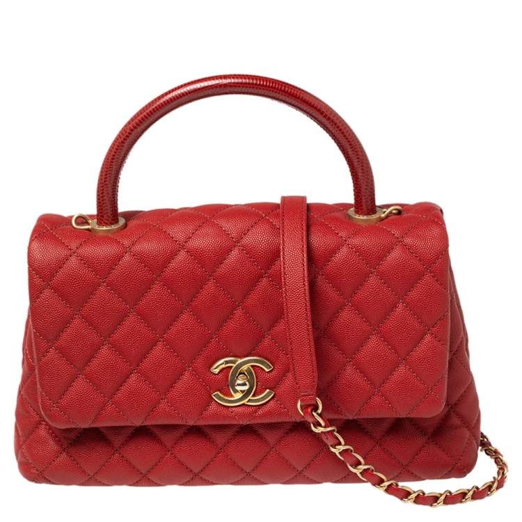 Chanel Red Caviar Quilted Small Lizard Coco Handle Flap Bag