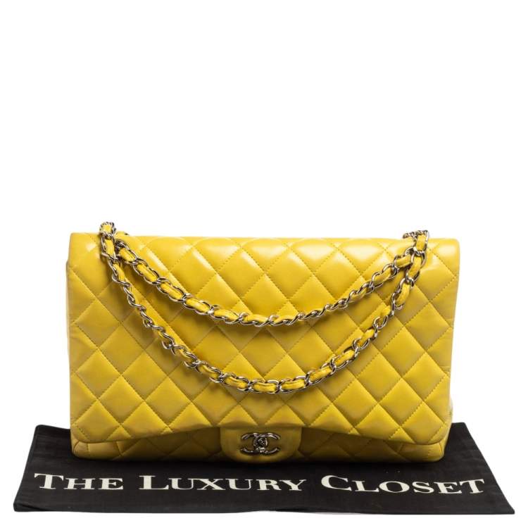 Pre Owned Chanel Yellow Quilted Lambskin Leather Maxi Classic Single Flap Bag