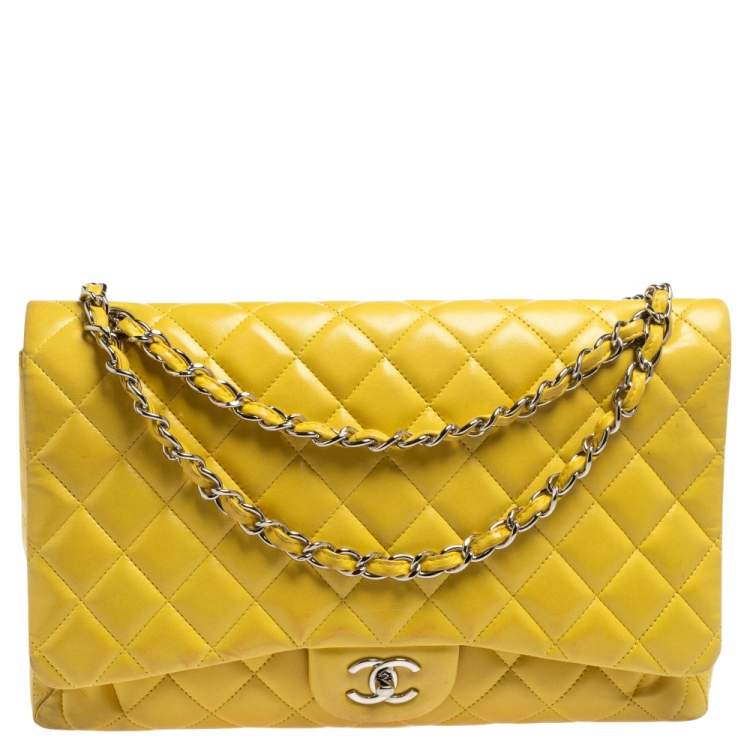 Chanel Mustard Yellow Quilted Patent Leather Maxi Classic Double