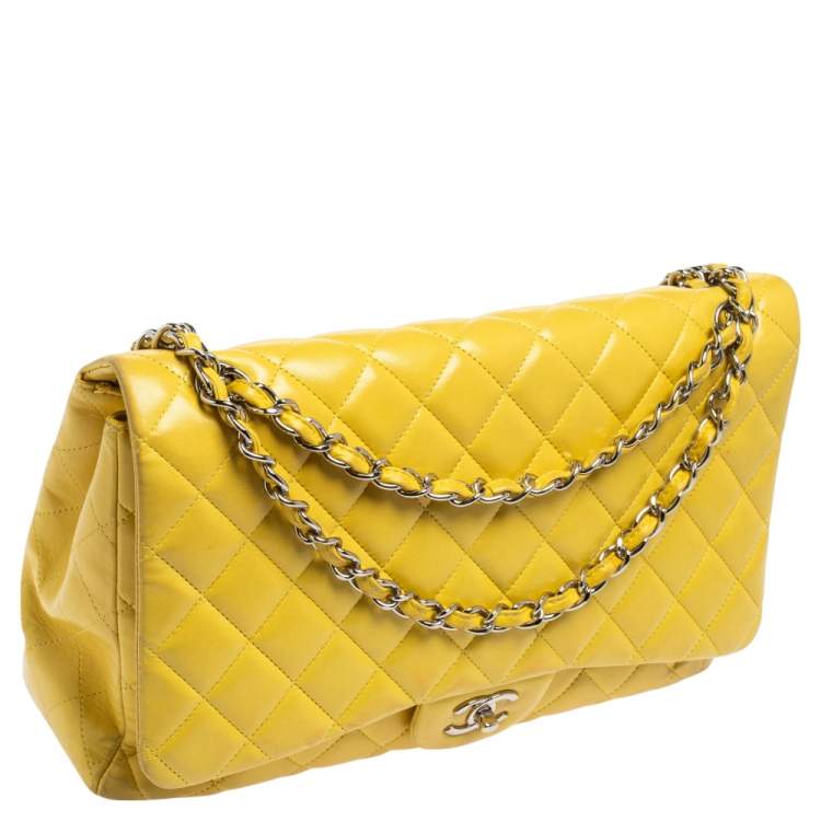 Pre Owned Chanel Yellow Quilted Lambskin Leather Maxi Classic Single Flap Bag